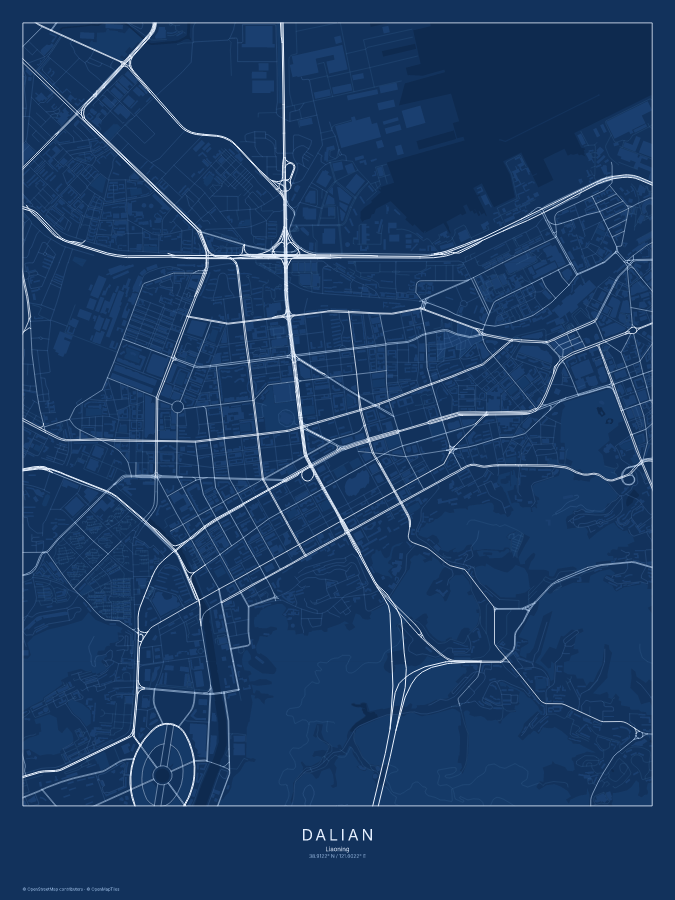 Dalian map poster, blueprint style