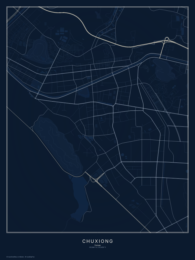 Chuxiong map poster, midnight style