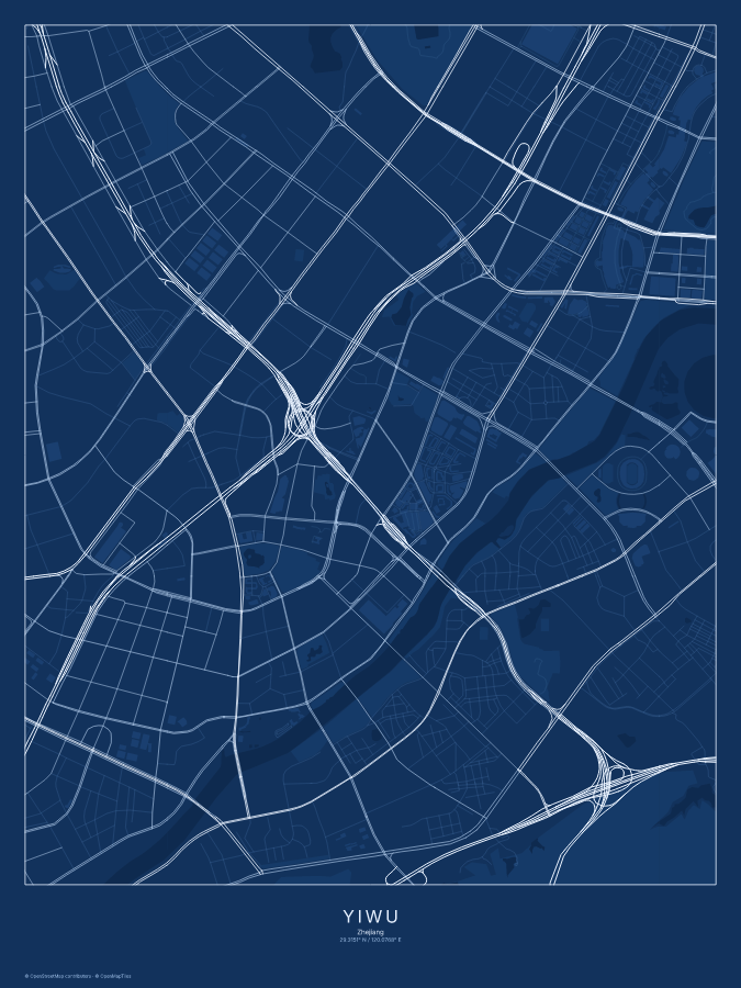 Yiwu map poster, blueprint style