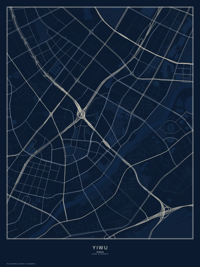 Yiwu map poster, midnight style