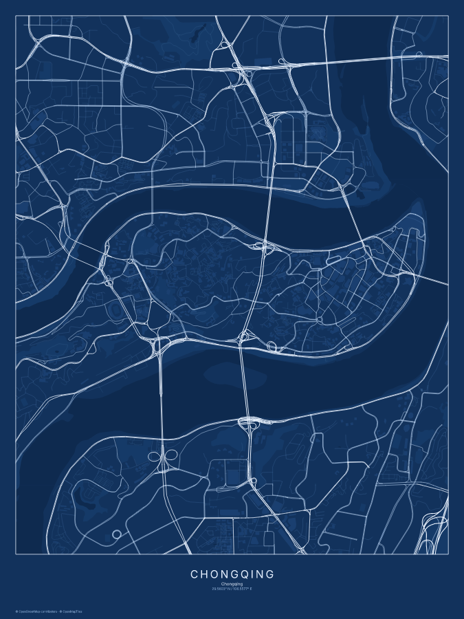 Chongqing map poster, blueprint style