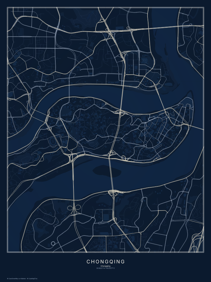 Chongqing map poster, midnight style