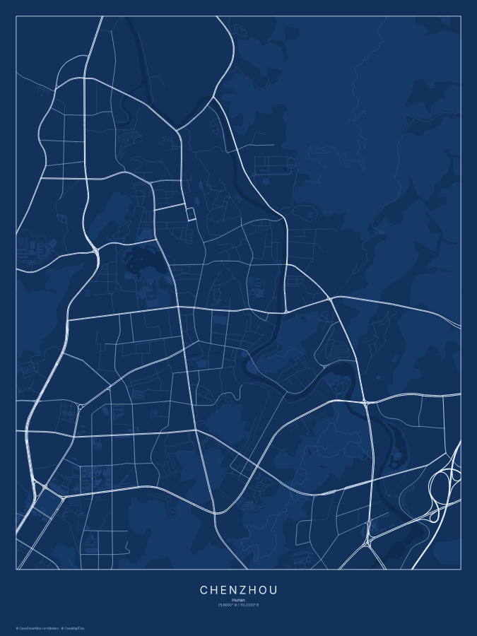 Chenzhou map poster, blueprint style