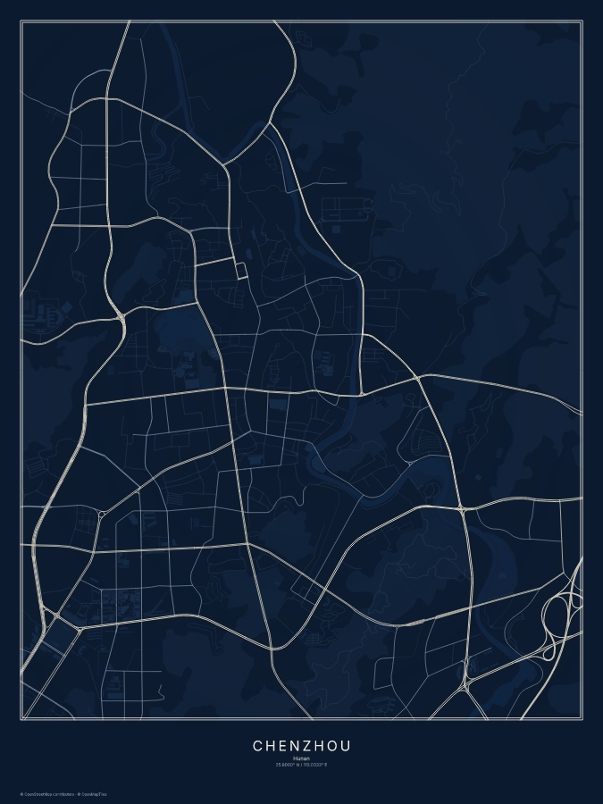 Chenzhou map poster, midnight style