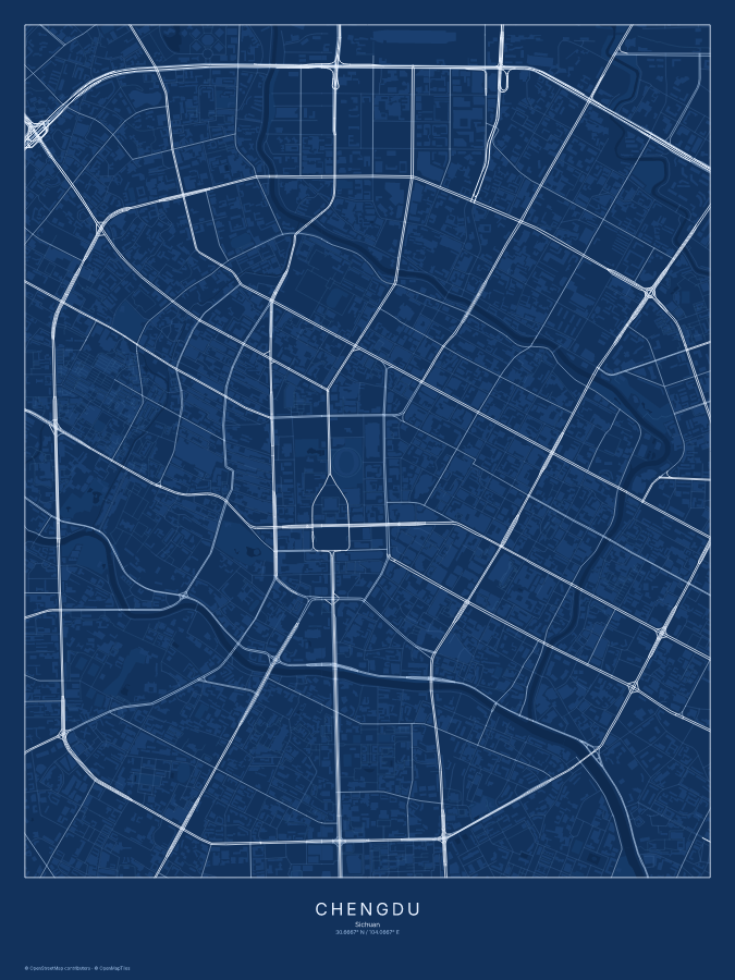 Chengdu map poster, blueprint style