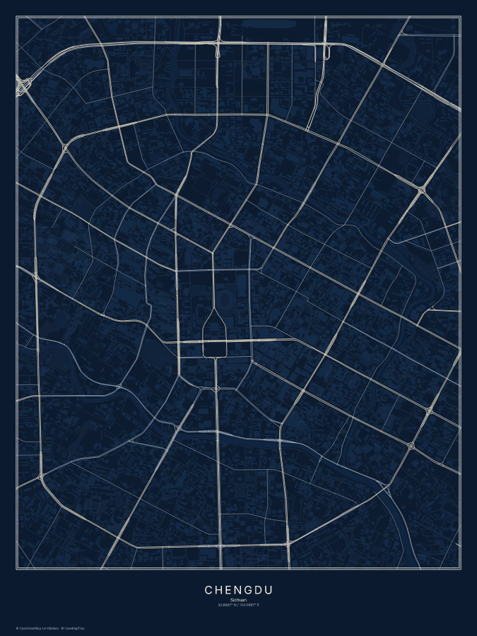 Chengdu map poster, midnight style