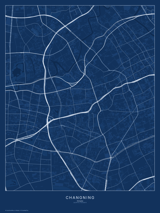 Changning map poster, blueprint style