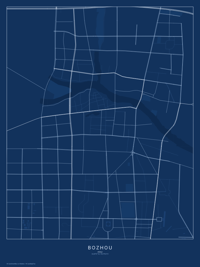 Bozhou map poster, blueprint style
