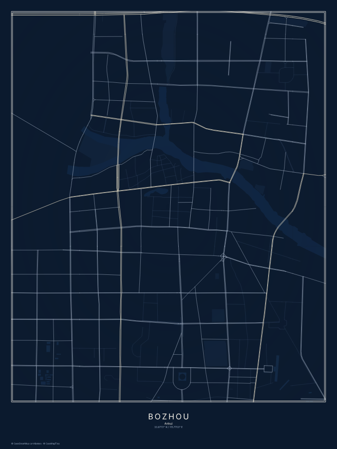 Bozhou map poster, midnight style