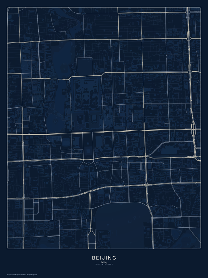 Beijing map poster, midnight style
