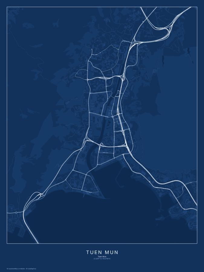 Tuen Mun map poster, blueprint style