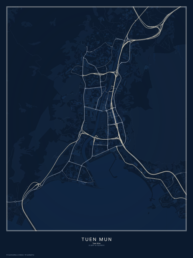 Tuen Mun map poster, midnight style