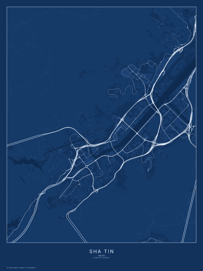 Sha Tin map poster, blueprint style