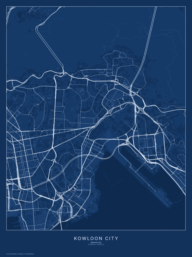 Kowloon City map poster, blueprint style
