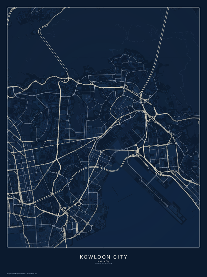 Kowloon City map poster, midnight style