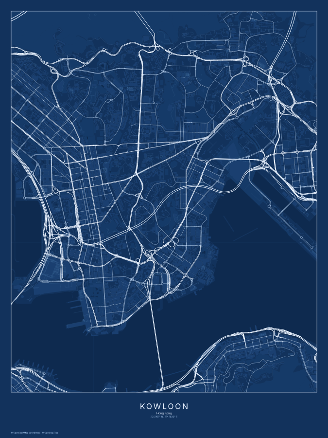 Kowloon map poster, blueprint style