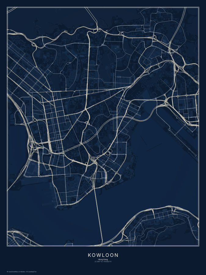 Kowloon map poster, midnight style