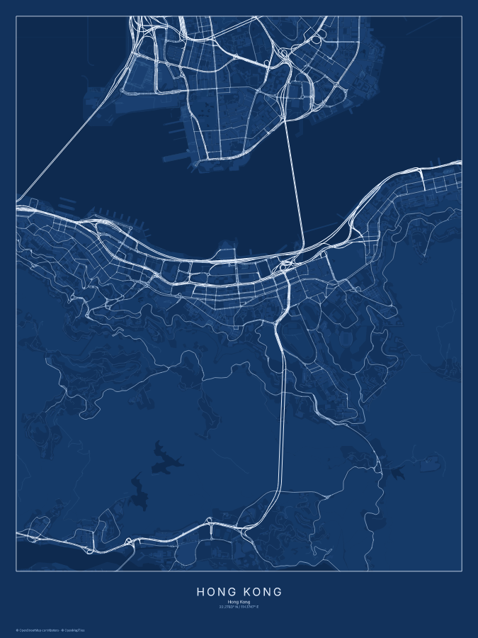 Hong Kong map poster, blueprint style