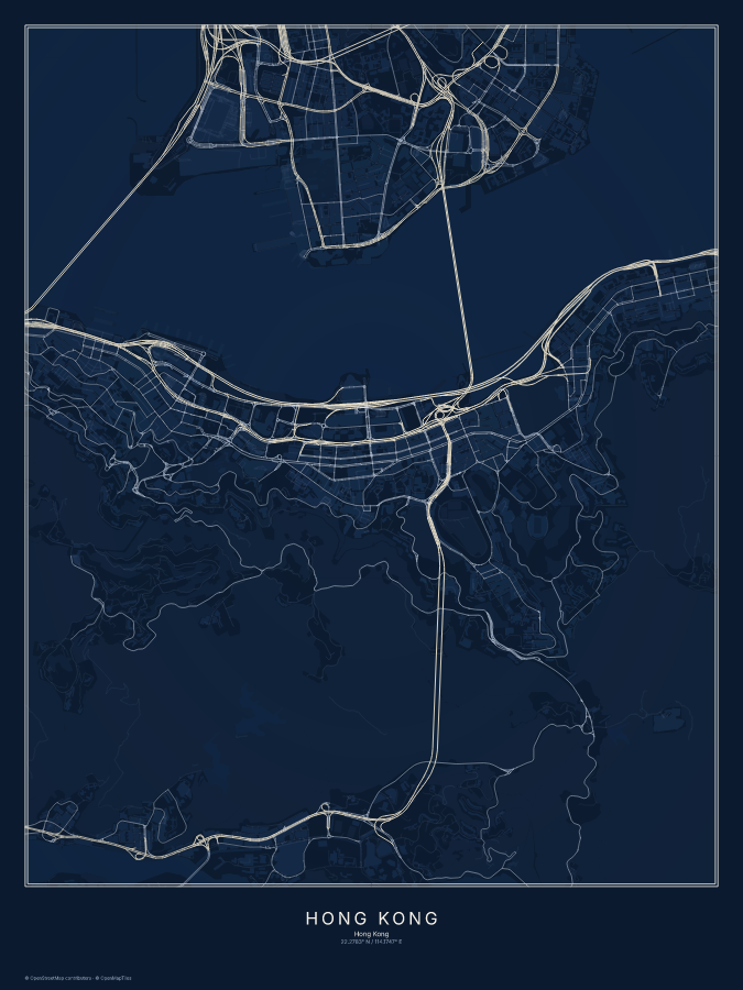 Hong Kong map poster, midnight style