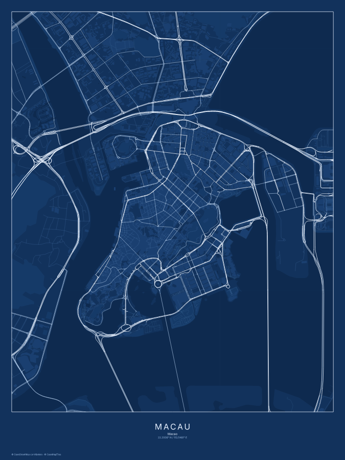 Macau map poster, blueprint style