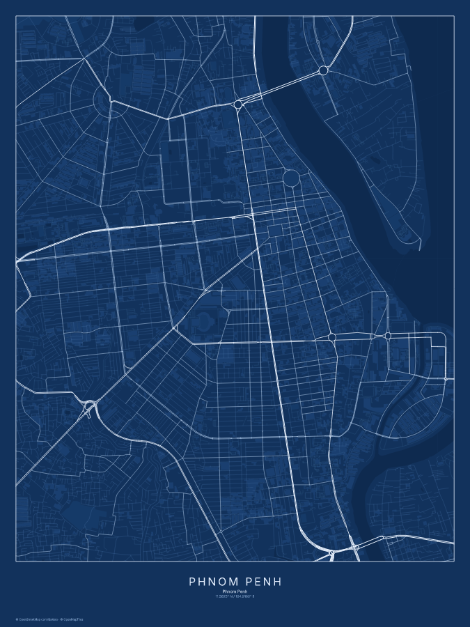 Phnom Penh map poster, blueprint style