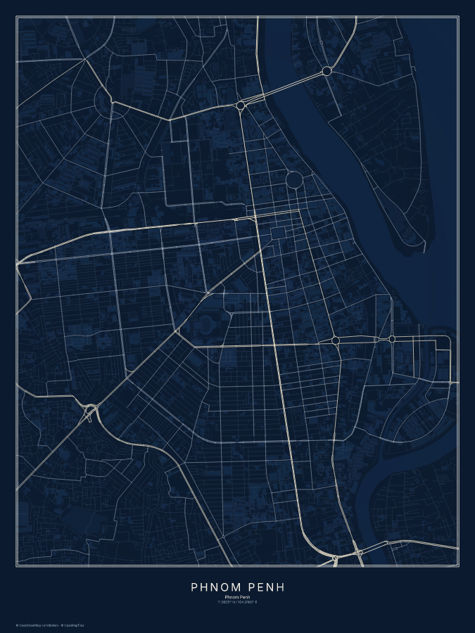 Phnom Penh map poster, midnight style