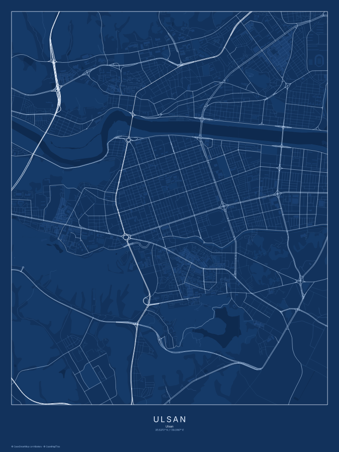 Ulsan map poster, blueprint style