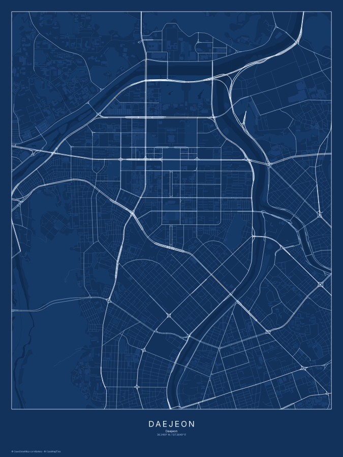 Daejeon map poster, blueprint style
