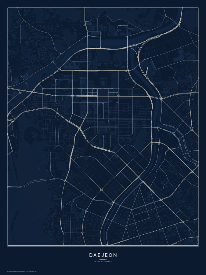Daejeon map poster, midnight style