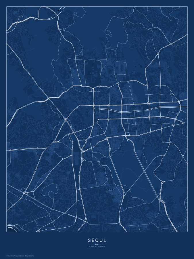 Seoul map poster, blueprint style