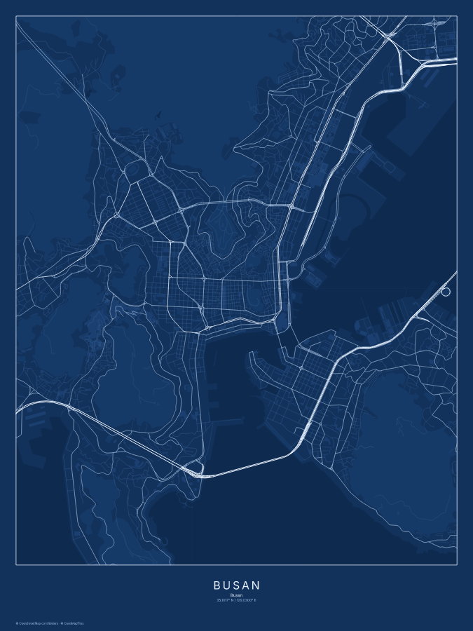Busan map poster, blueprint style