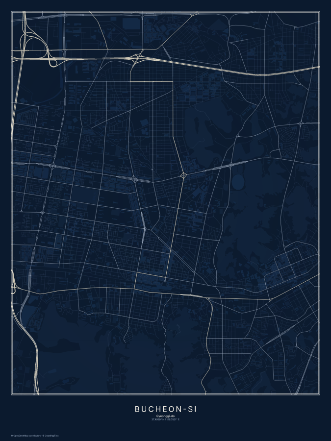 Bucheon-si map poster, midnight style