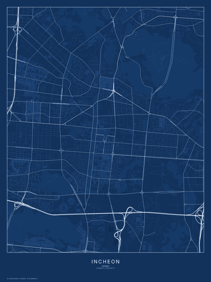 Incheon map poster, blueprint style