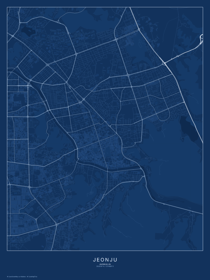 Jeonju map poster, blueprint style