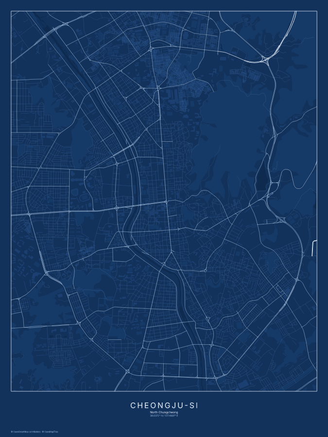 Cheongju-si map poster, blueprint style