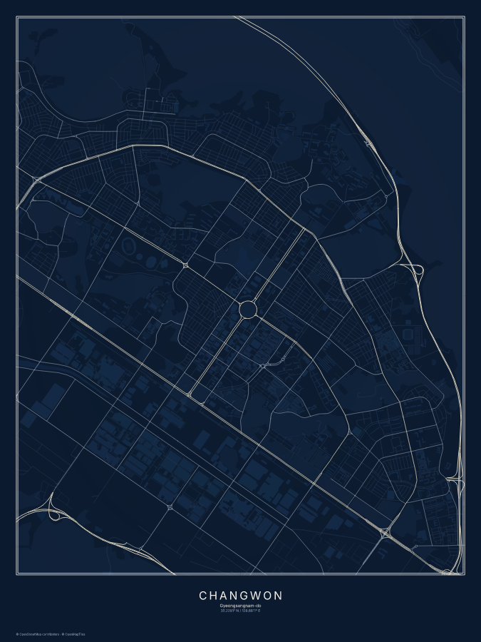 Changwon map poster, midnight style