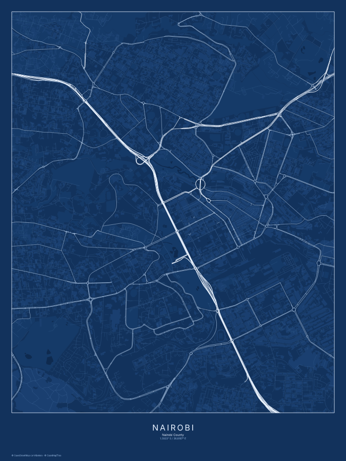 Nairobi map poster, blueprint style