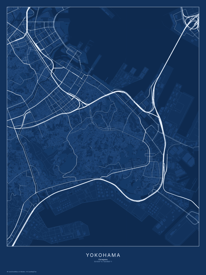 Yokohama map poster, blueprint style