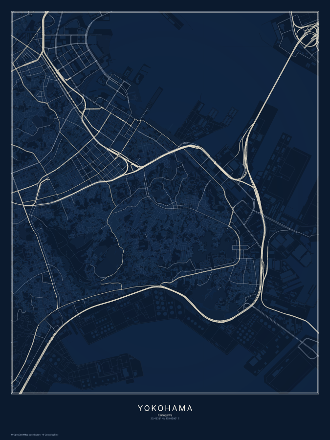 Yokohama map poster, midnight style
