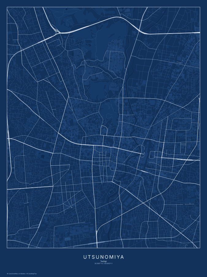Utsunomiya map poster, blueprint style