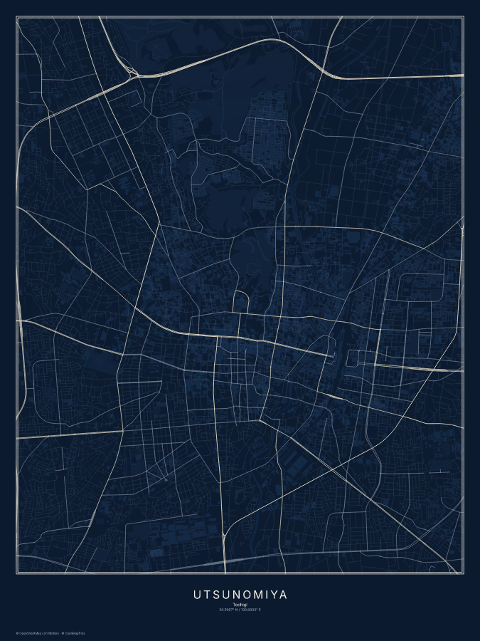 Utsunomiya map poster, midnight style