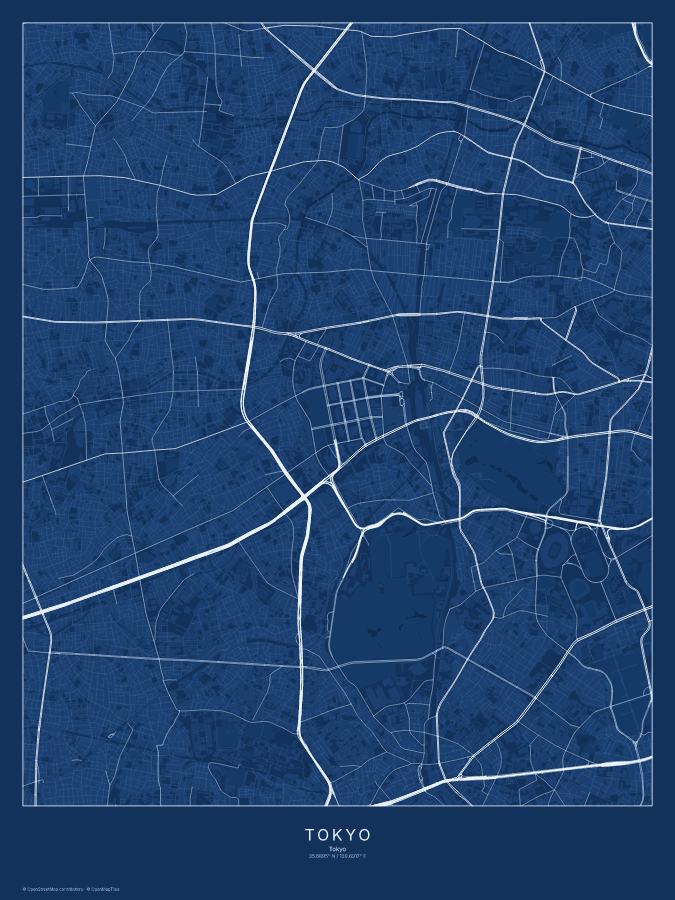 Tokyo map poster, blueprint style