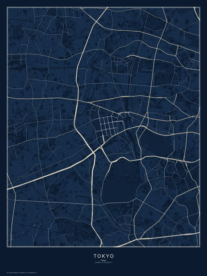 Tokyo map poster, midnight style
