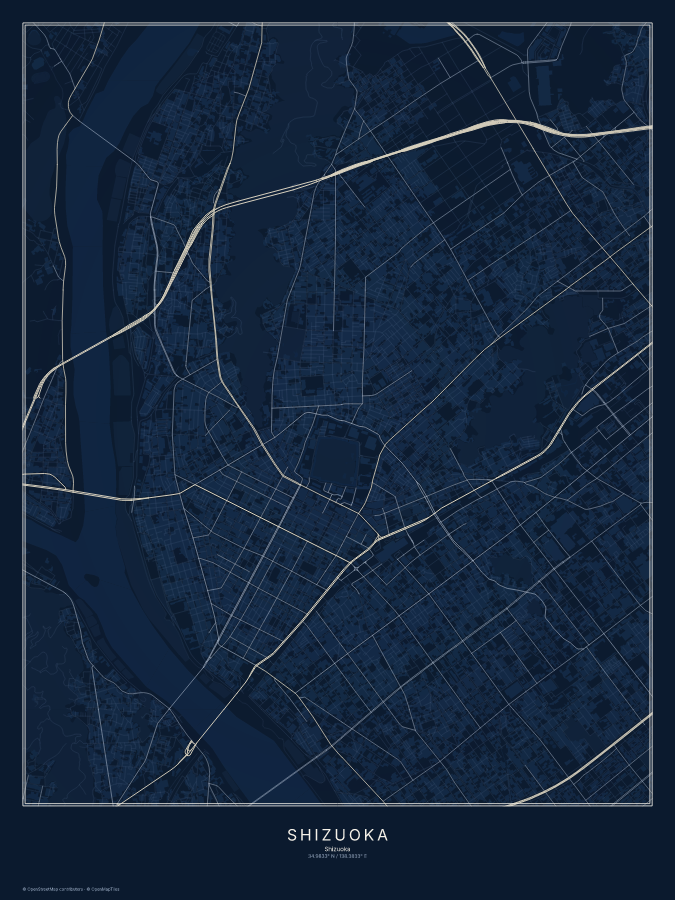 Shizuoka map poster, midnight style