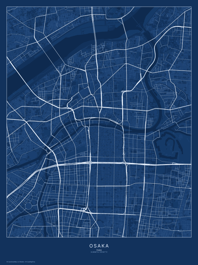 Osaka map poster, blueprint style