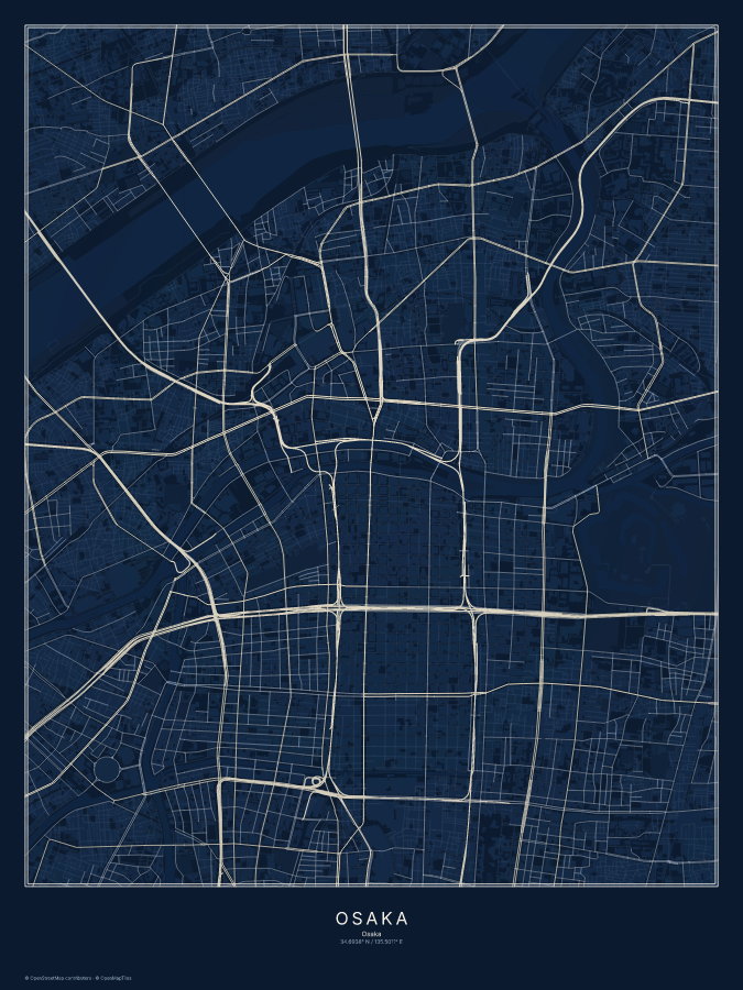 Osaka map poster, midnight style