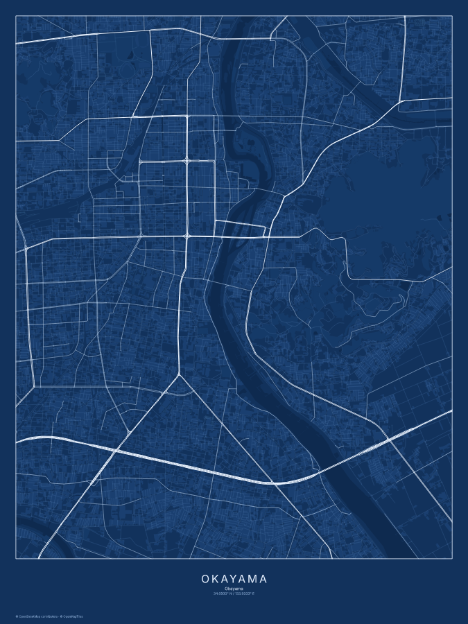 Okayama map poster, blueprint style