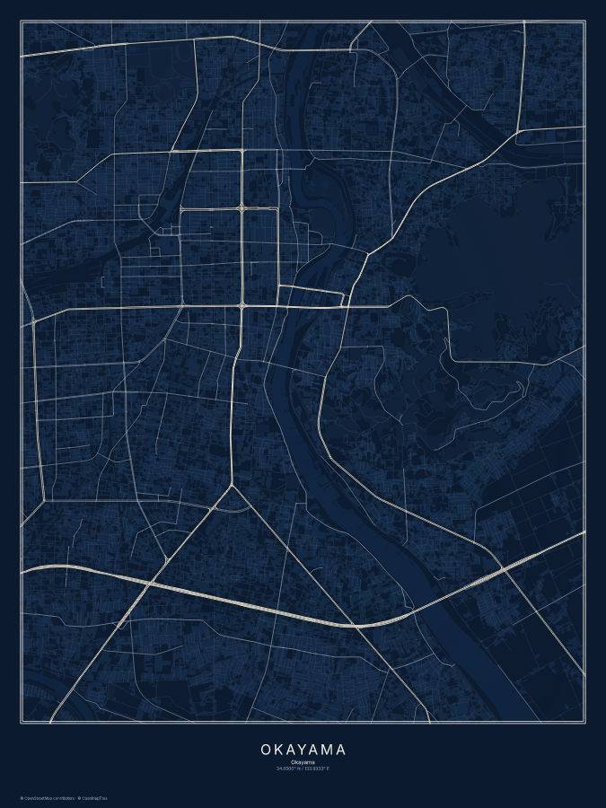 Okayama map poster, midnight style