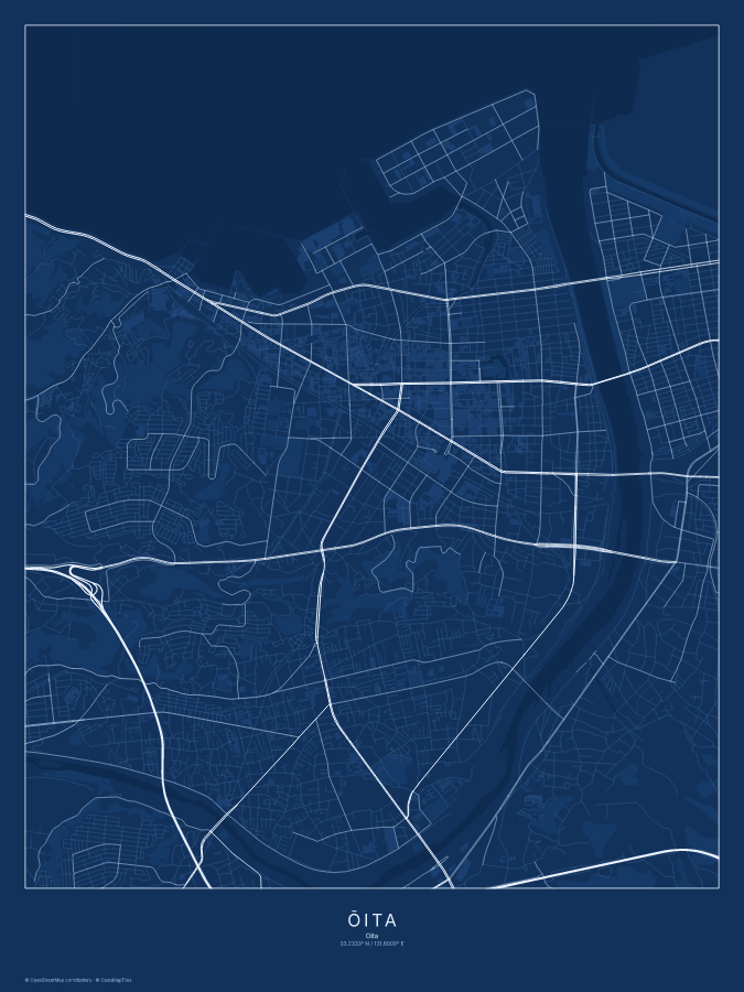 Ōita map poster, blueprint style