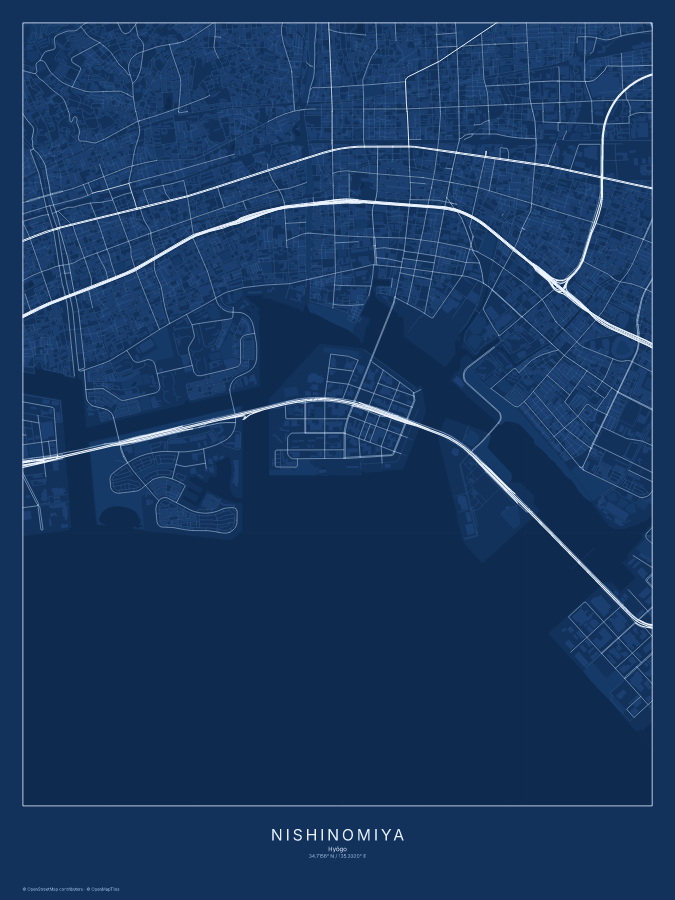 Nishinomiya map poster, blueprint style